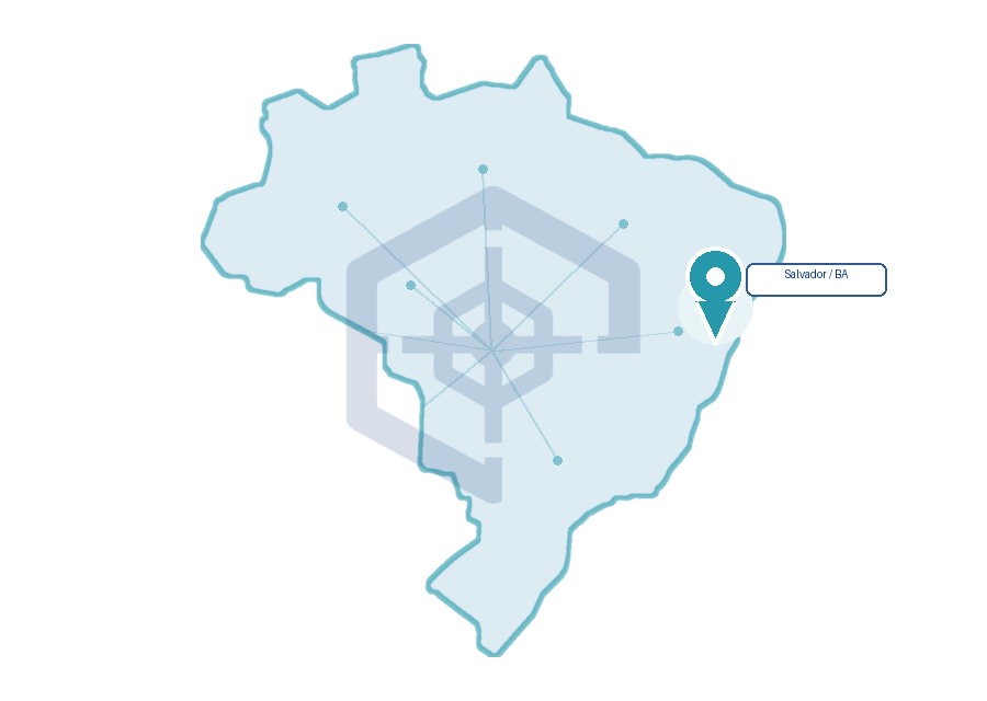 Mapa do Brasil com presença nacional da P.A. LAB e marcador em Salvador, Bahia